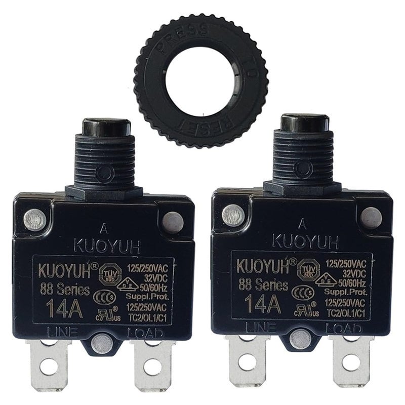 KQEC KUOYUH Circuit Breaker Thermal Overload 88 Series 3-17A Quick Connect Terminals 32VDC 125/250VAC 50/60Hz Push-to-Reset Button 2-Pack (14A) - Image 1